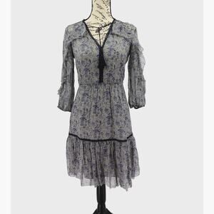 Boho Floral Dress Sheer Layer Silk Ruffle Gray Tassel Ethereal Cottage Fairycore